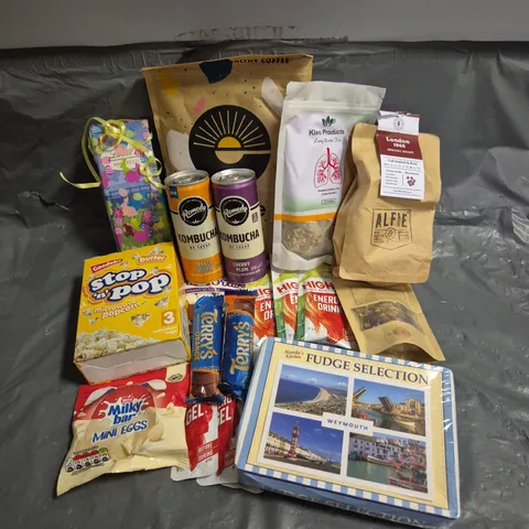 APPROXIMATELY 15 ASSORTED FOOD AND DRINK PRODUCTS TO INCLUDE - TERRYS ORANGE CHOCOLATE - GOODWINS MICROWAVE POPCORN - REMEDY KOMBUCHA - ETC