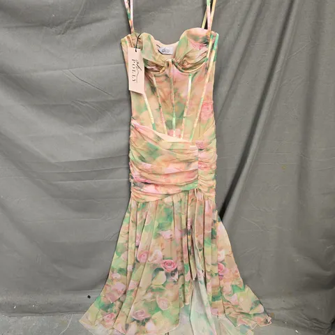 OH POLLY HARUNA RUCHED ASYMMETRIC CORSET GOWN IN FLORAL MULTI PRINT SIZE 4