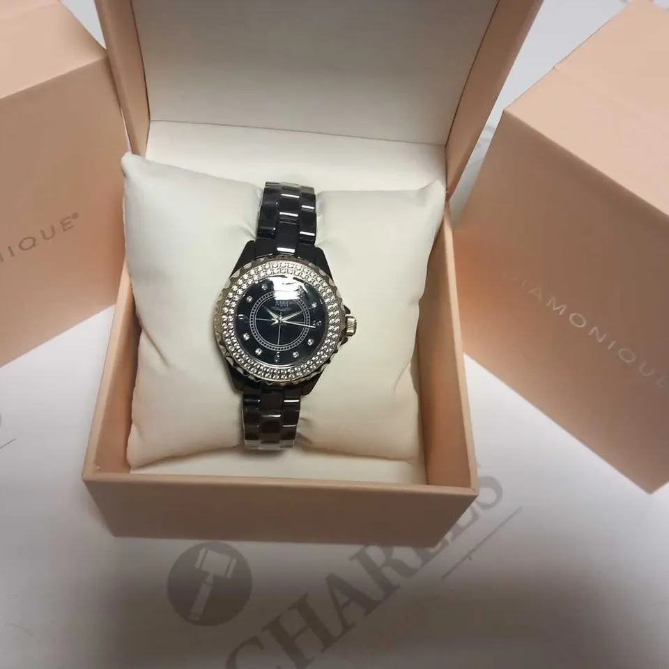 5 BRAND NEW DIAMONIQUE CERAMIC WATCH BLACK WITH MICHELLE MONE BOX WHITE CUBIC ZIRCONIA ON BEZEL AND DIAL