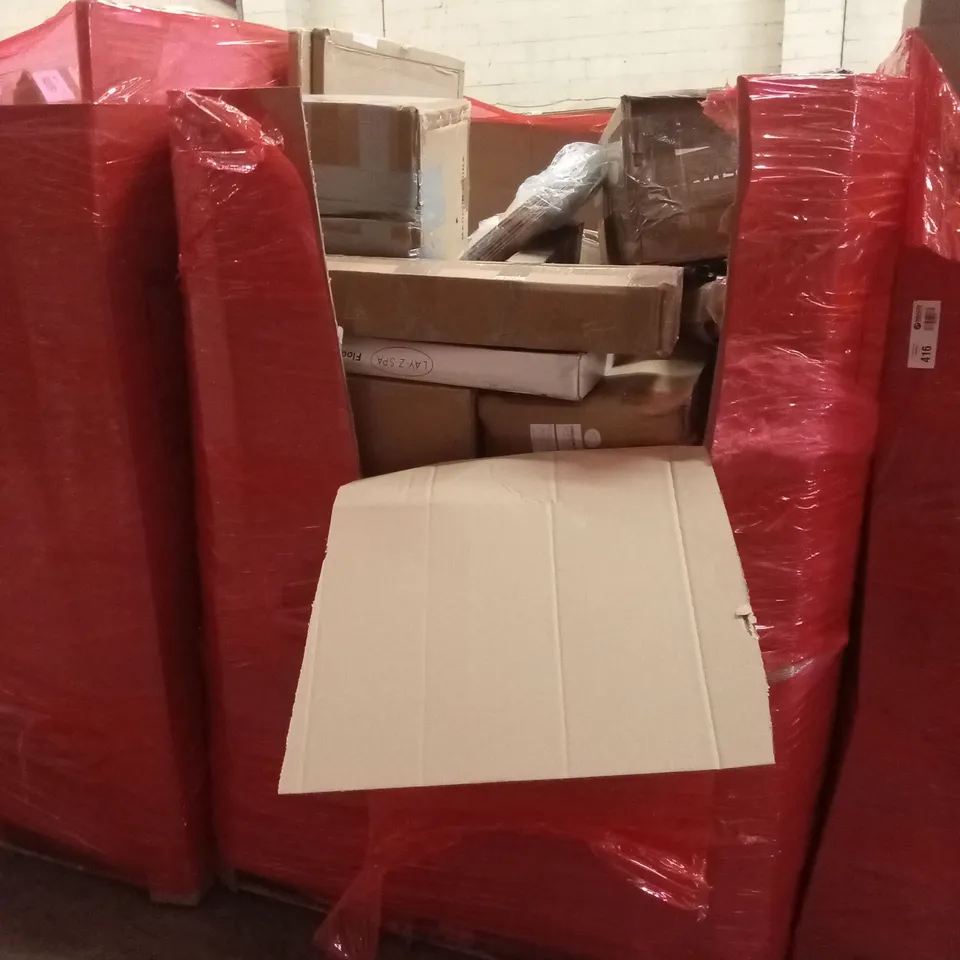 PALLET OF ASSORTED HOUSEHOLD GOODS AND PRODUCTS TO INCLUDE; LAY-SPA FLOOR PROTECTOR, FULL-LENGTH MIRRORS, BOXED FURNITURE ETC