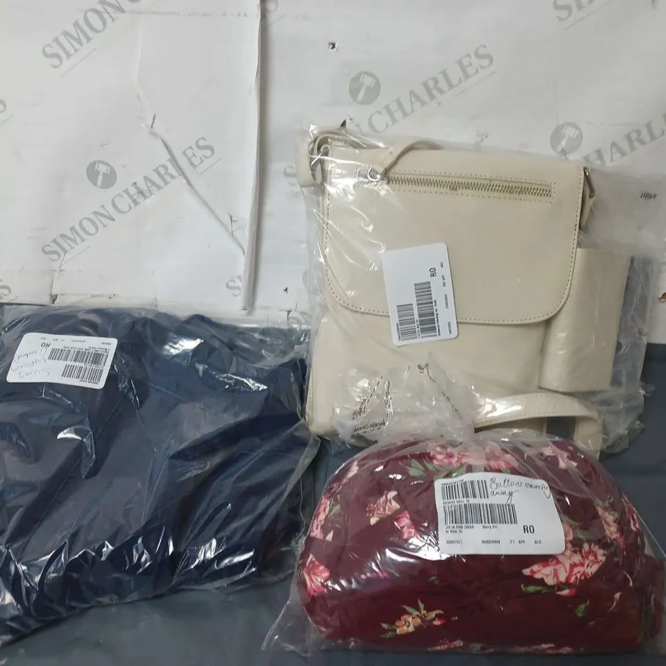 APPROXIMATELY 20 LADIES CLOTHING AND HANDBAGS IN VARIOUS COLOURS, SIZES AND STYLES