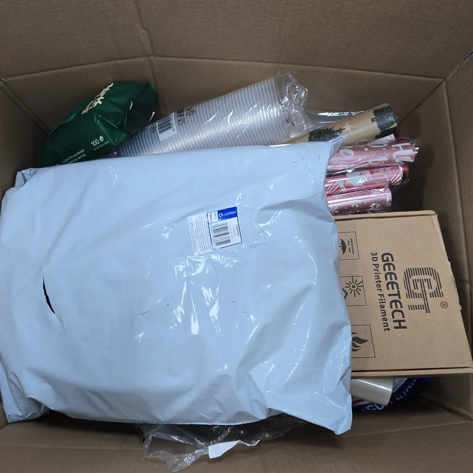 APPROXIMATELY 15 ASSORTED HOUSEHOLD PRODUCTS TO INCLUDE EARTH RATED DOG WIPES, GEEETECH 3D PRINTER FILAMENT, PLASTIC CUPS, ETC