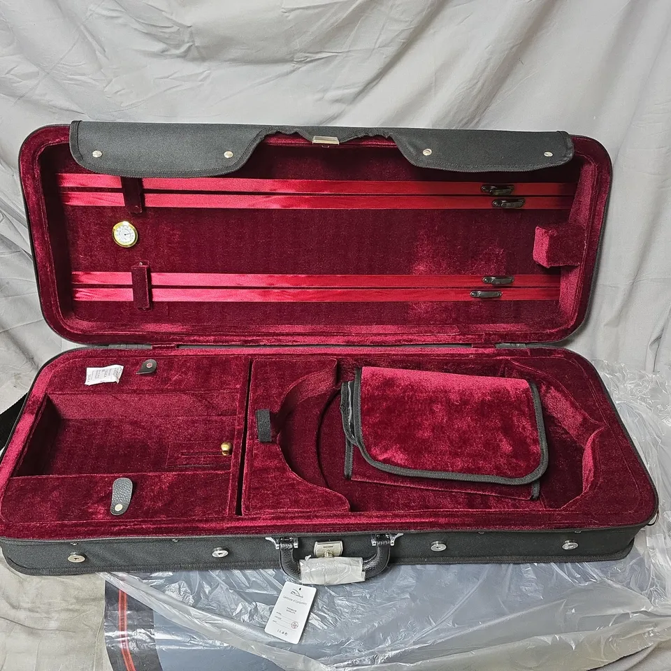 VIOLIN/VIOLA CASE – BLACK EXTERIOR, RED VELVET INTERIOR, WITH INTERNAL POUCH