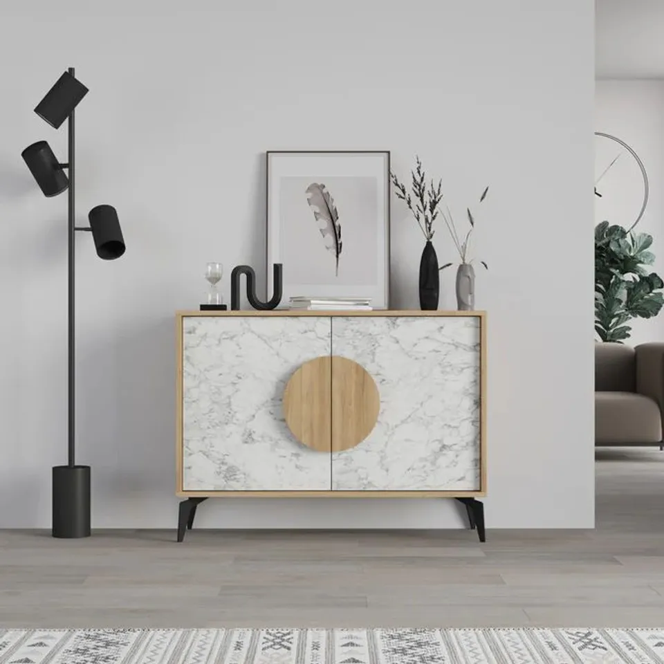 BOXED GORA CONSOLE SIDEBOARD DISPLAY UNIT 110 CM - SAPPHIRE OAK, CARRARA (2 BOXES)