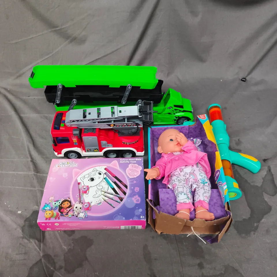 CAGE CONTAINING A LARGE QUANTITY OF KIDS TOYS AND GAMES TO INCLUDE TOY CARS , COLOUR ACTIVITY CASE , TOY BABY DOLLS AND TEDDY BEARS , ETC 