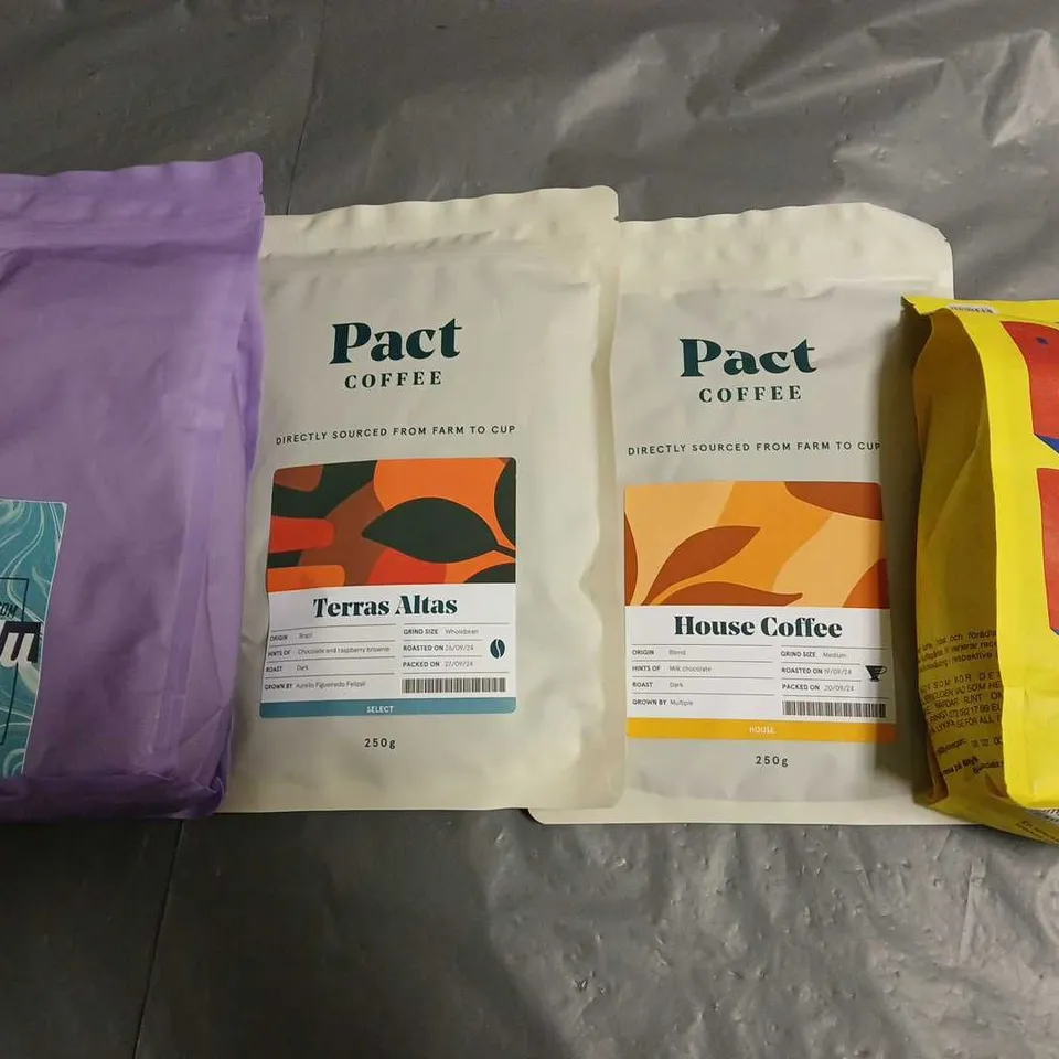 LOT OF 4 ASSORTED PACKS OF COFFEE TO INCLUDE BAM BAM AND DOONDU BEANS AND MED GROUND PACT