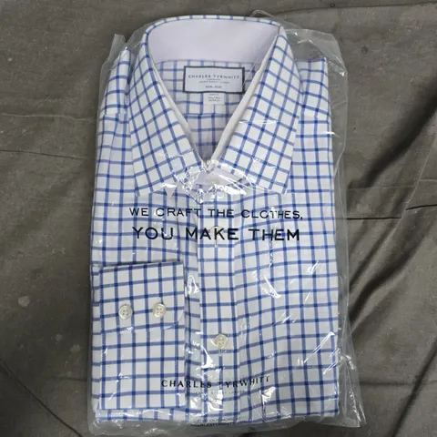 BAGGED CHARLES TYRWHITT NON-IRON SLIM FIT CHECK SHIRT – BLUE & WHITE, COLLAR 16.5 IN, SLEEVE 33 IN