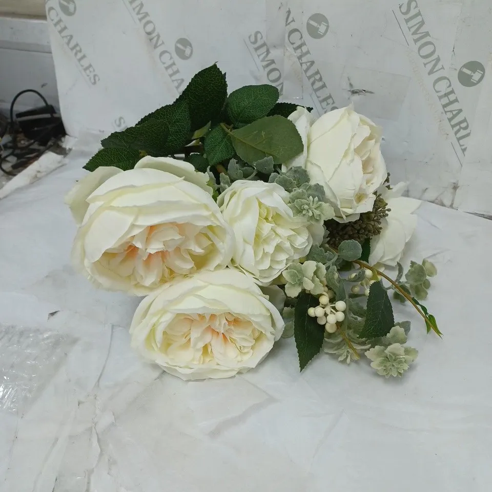 BOXED FAUX FLOWER ARRANGEMENT WHITE WITH VASE AND PEONY FLOWER AND ROOM SCENT