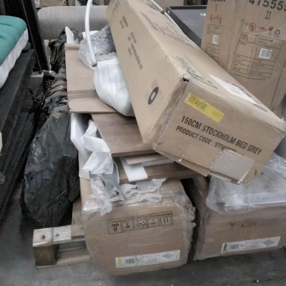 PALLET OF ASSORTED FLATPACK FURNITURE PARTS INCLUDING STOCKHOLM GREY BED, FREE STANDING HALF COLUMN, BED VELVET SIDE PARTS