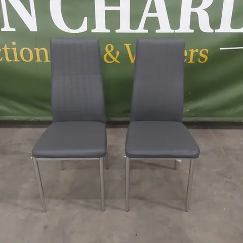 SET OF 2 LEON GREY LEATHER DINING CHAIRS WITH CHROME LEGS 