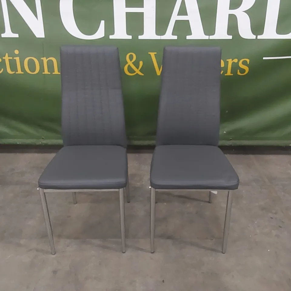 SET OF 2 LEON GREY LEATHER DINING CHAIRS WITH CHROME LEGS 