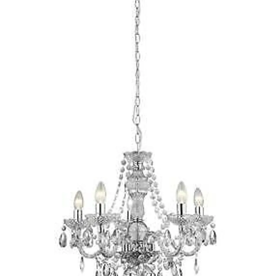 BOXED MILO ELEGANCE 5-LIGHT WHITE SHADED CHANDELLER, CHROME CRYSTAL