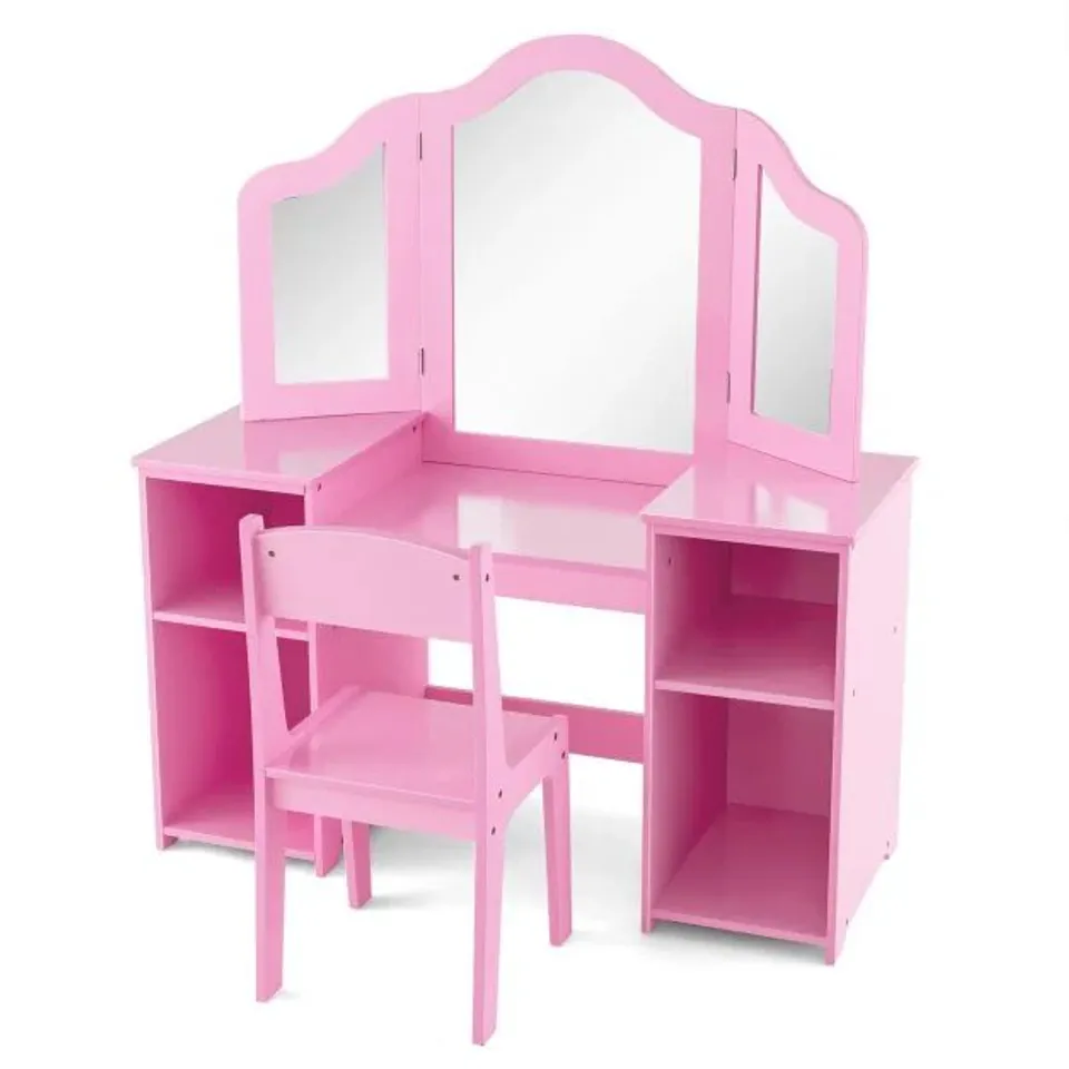 BOXED KIDS VANITY SET WITH TRI-FOLDING DETACHABLE MIRROR - PINK