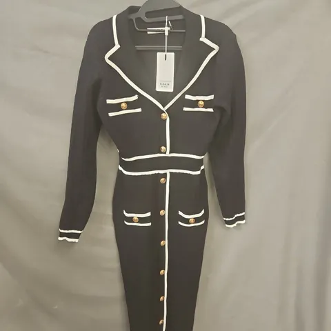 ELSA.M BY MAY WOMEN'S BLACK KNIT BLAZER DRESS WITH WHITE TRIM, STYLE VMC1840, SIZE UK6