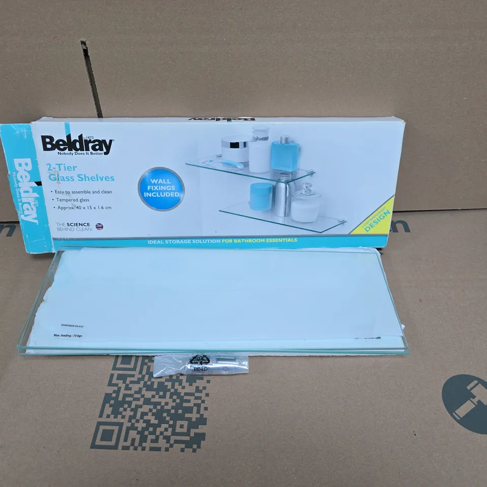 BELDRAY 2-TIER GLASS SHELVES – WALL MOUNT, FIXINGS INCLUDED