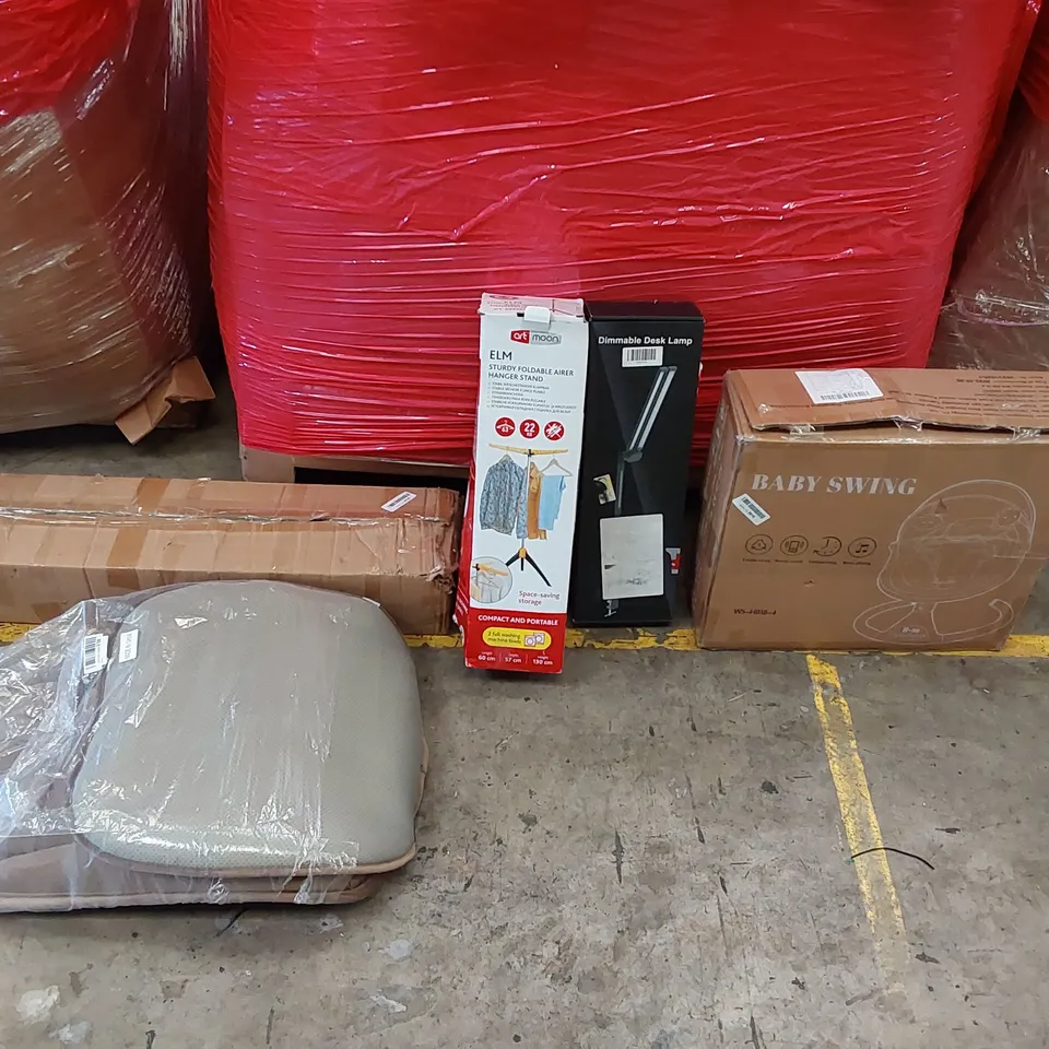 PALLET OF ASSORTED ITEMS INCLUDING: BABY SWING, DESK LAMP, RADIATOR COVER, CLOTHES AIRER HANGER STAND, SEAT CUSHION