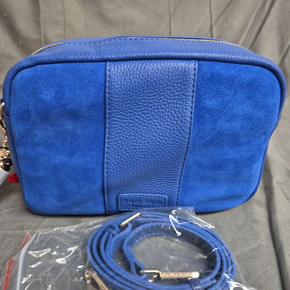 POM POM LONDON SUEDE & LEATHER BAG IN BLUE