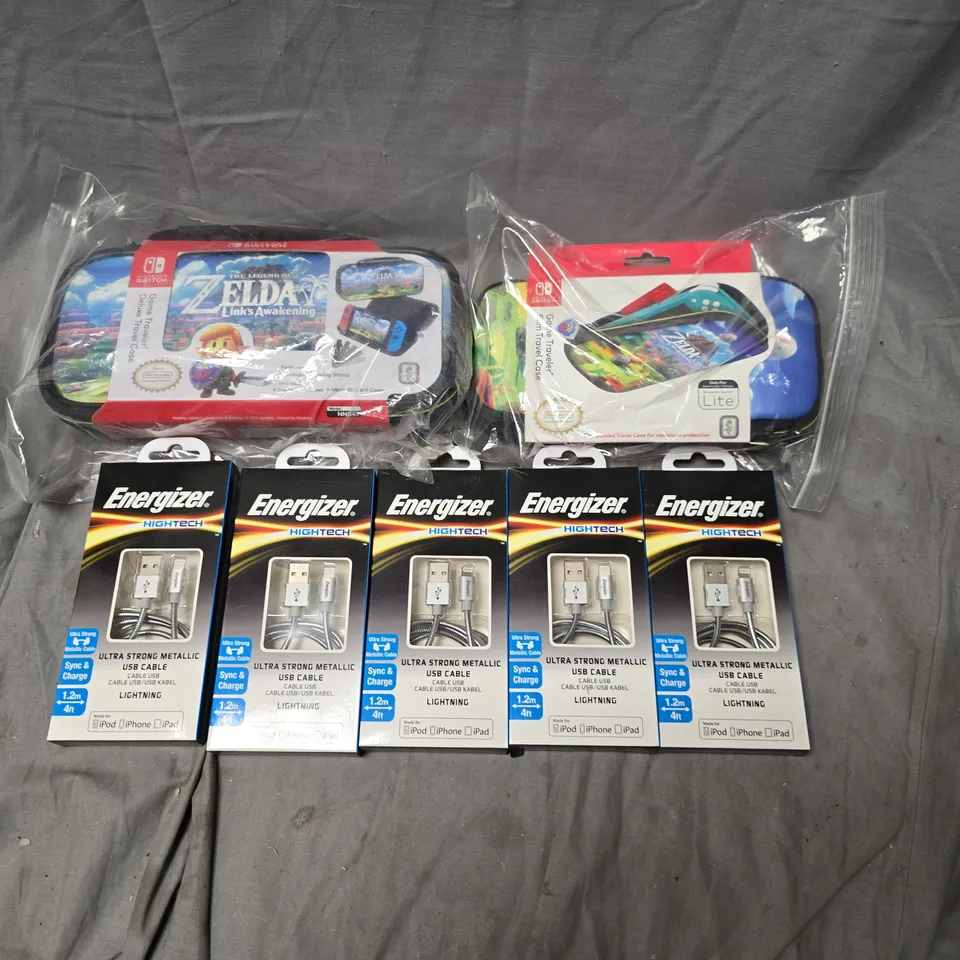 7 ASSORTED IETSM TO INCLUDE NINTENDO SWITCH GAME TRAVELER CASE, ENERGIZER METALLIC USB C TO LIGHTNING CABLE