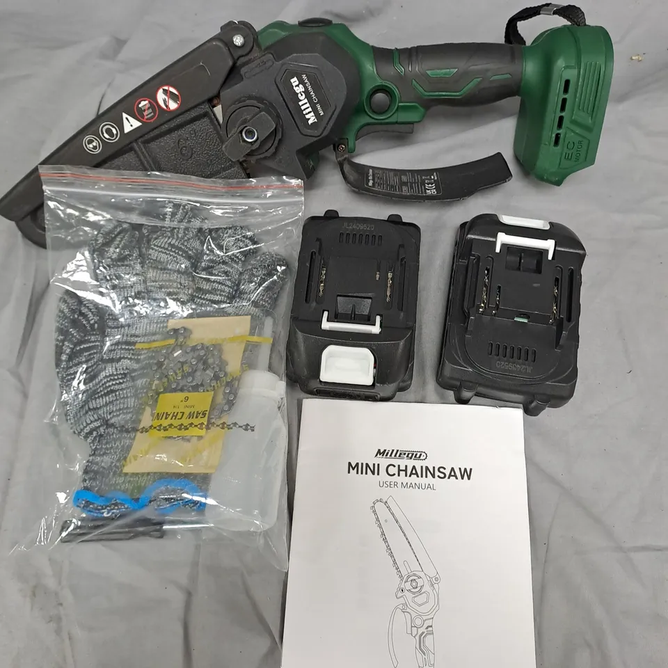 MILLEGU CORDLESS MINI CHAINSAW 21V BRUSHLESS – 6 INCH, BOXED (ACCESSORIES INCLUDED) 