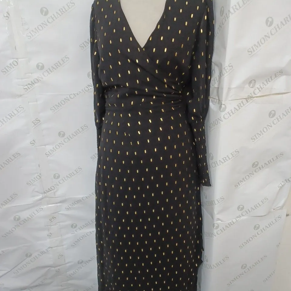 GLAMOROUS TIE WRAP MAXI DRESS IN BLACK/GOLD SPOT SIZE 12