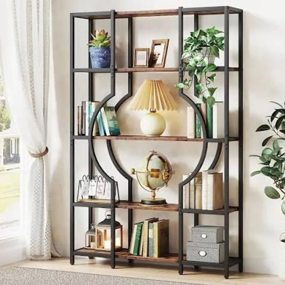 BOXED INDUSTRIAL 5-TIER BOOKSHELF FOR HOME OFFICE, MODERN BOOKCASE SHELVING UNIT - BLACK/BROWN (1 BOX)