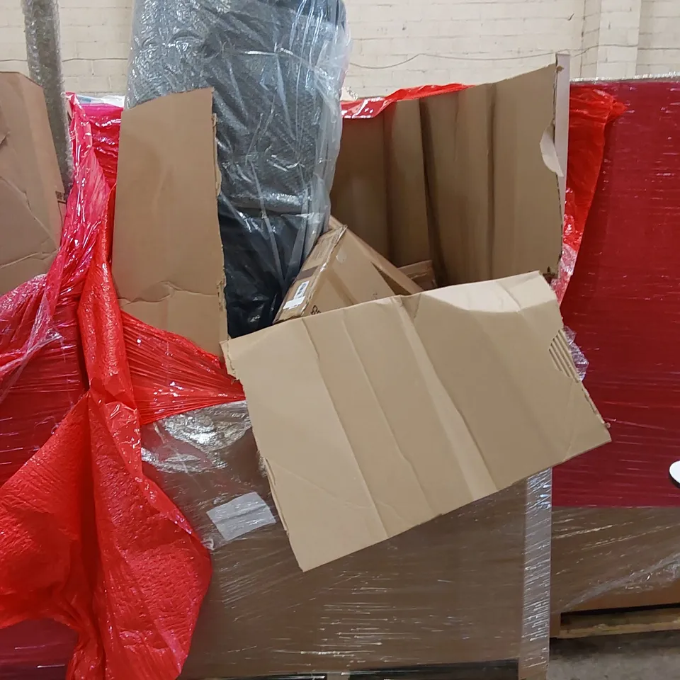 PALLET OF ASSORTED HOUSEHOLD ITEMS AND CONSUMER PRODUCTS. INCLUDING ESPRESSO COFFEE MACHINE, TRAMPOLINE, OFFICE CHAIR, BOXED FURNITURE ETC 