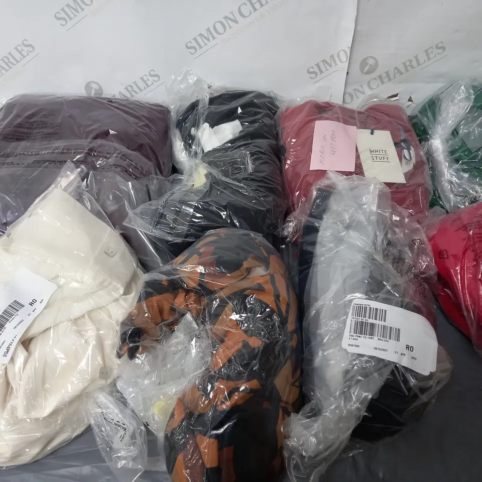 BOX OF ASSORTED CLOTHING ITEMS TOO INCLUDE BAGS , TOPS, AND TROUSERS   ETC. 