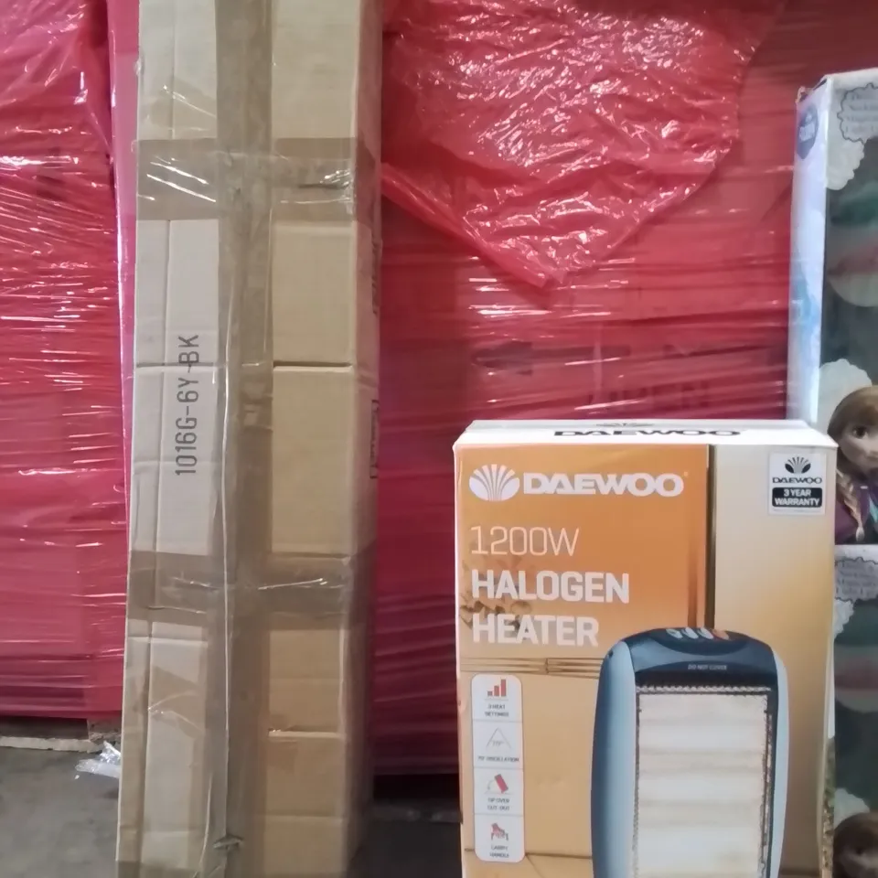 PALLET OF ASSORTED HOUSEHOLD PRODUCTS AND ITEMS TO INCLUDE;FROZEN DOLLS,HALOGEN 1200W HEATER,METAL BED