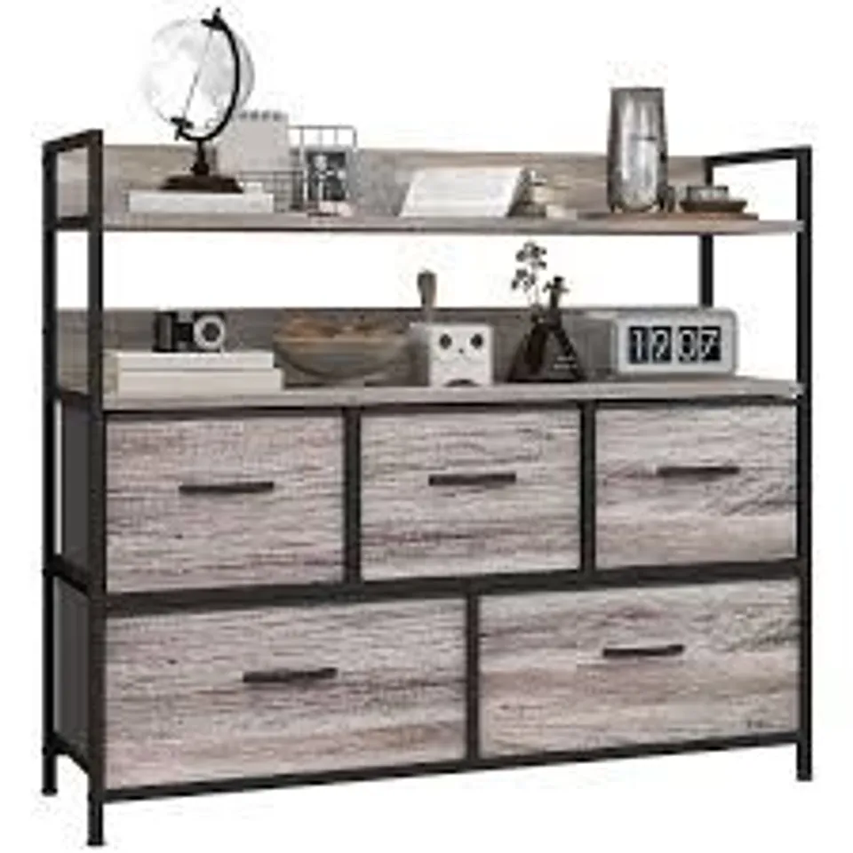 BOXED HOMCOM RUSTIC CHEST OF FIVE FABRIC DRAWERS - GREY WOOD EFFECT (1 BOX)
