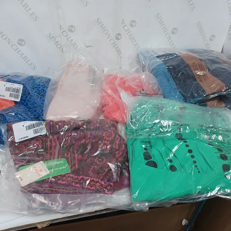 LARGE BOX OF ASSORTED CLOTHING ITEMS TOO INCLUDE TOPS , LEGGINGS AND JUMPERS COMING IN DIFFERENT COLOURS AND SIZES 