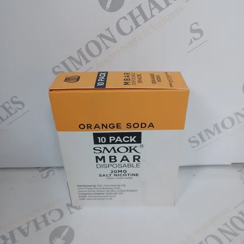 BOX OF APPROXIMATELY 10 BOXES OF ORANGE SODA 10 PACK SMOK M BAR DISPOSABLE 20MG SALT NICOTINE