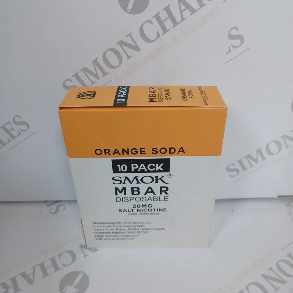BOX OF APPROXIMATELY 10 BOXES OF ORANGE SODA 10 PACK SMOK M BAR DISPOSABLE 20MG SALT NICOTINE