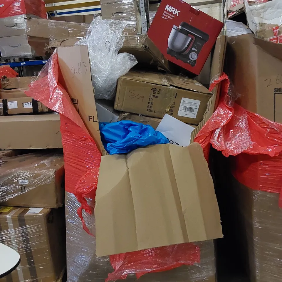 PALLET TO CONTAIN ASSORTED HOUSEHOLD ITEMS AND CONSUMER PRODUCTS. INCLUDING STAND MIXER, BOXED FURNITURE ETC