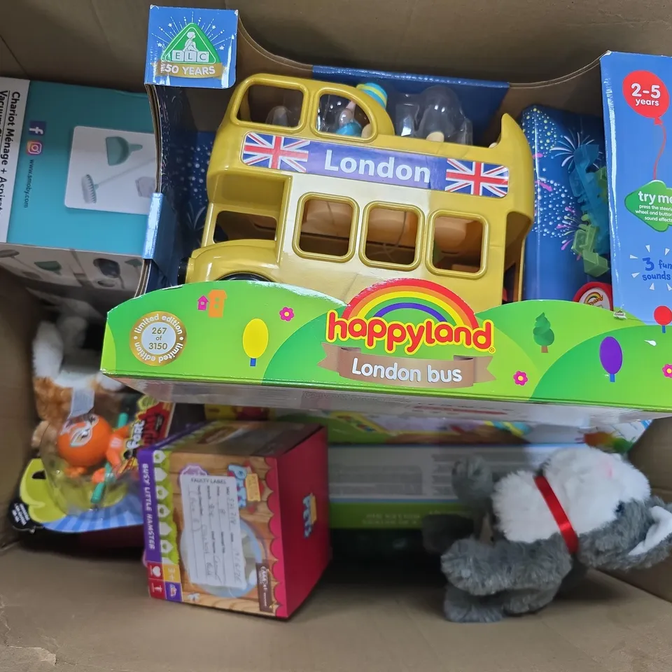 APPROXIMATELY 15 ASSORTED TOYS & GAMES PRODUCTS TO INCLUDE BUSY LITTLE HAMSTER, FART NINJAS, ELC HAPPYLAND LONDON BUS, ETC