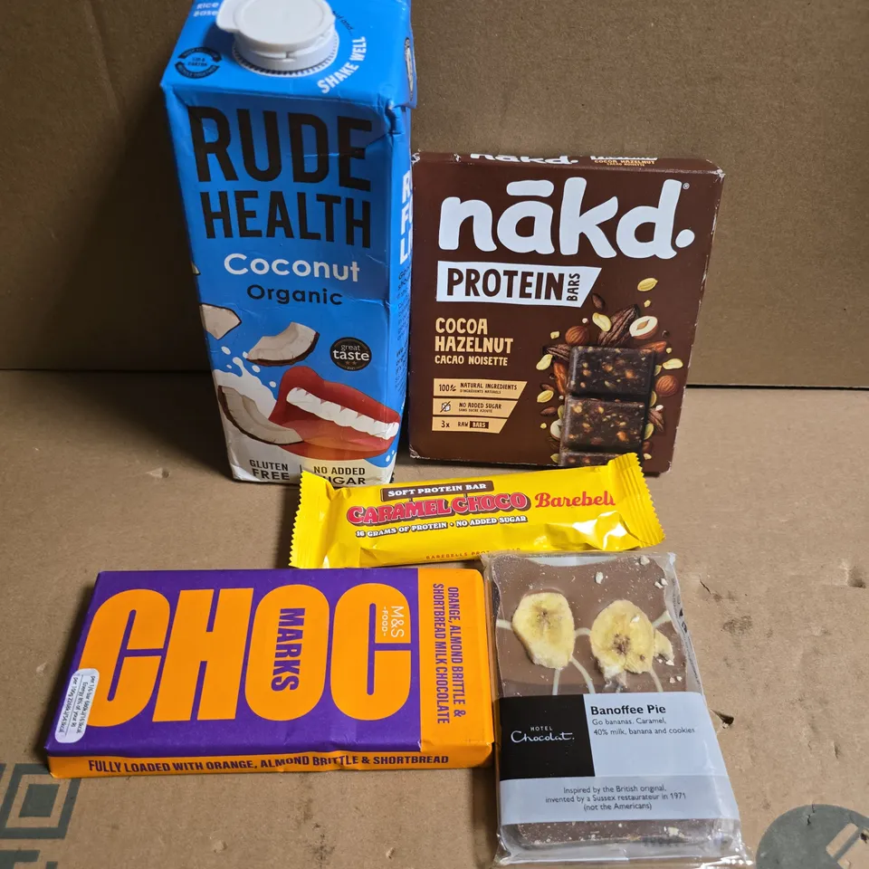 APPROXIMATELY 10 ASSORTED FOOD/DRINK PRODUCTS TO INCLUDE COCONUT DRINK, NAKD PROTEIN BARS, CARAMEL CHOCO BAR ETC 