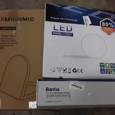 PALLET OF ASSORTED HOUSEHOLD ITEMS TO INCLUDE LED PANEL LIGHT, ROLLING BARSTOOL AND TOILET SEATS 
