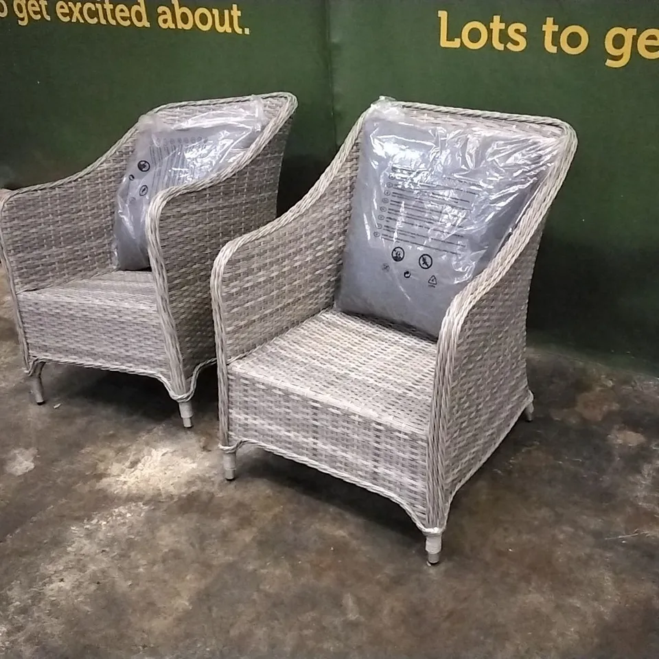 DESIGNER PAIR OF RATTAN EFFECT GARDEN DINING CHAIRS WITH CUSHIONS