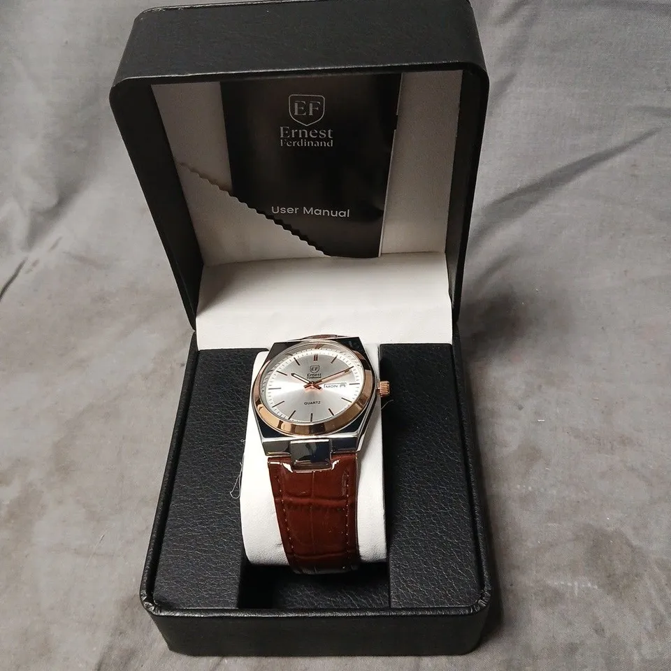 ERNEST FERDINAND QUARTZ WRISTWATCH – BROWN LEATHER STRAP, BOXED
