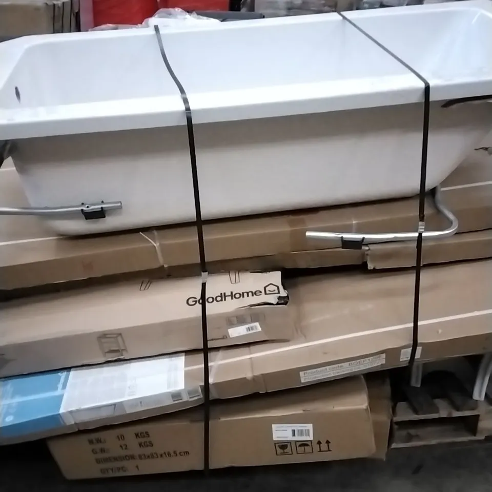PALLET OF ASSORTED ITEMS INCLUDING ACRYLIC BATH, BATHROOM FURNITURE AND SHOWER PANEL 