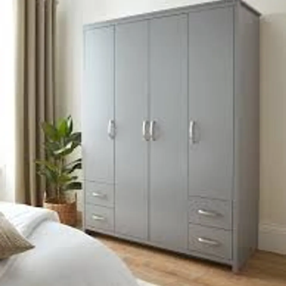 BOXED ELY 4 DOOR, 4 DRAWER WARDROBE - GREY (3 BOXES)