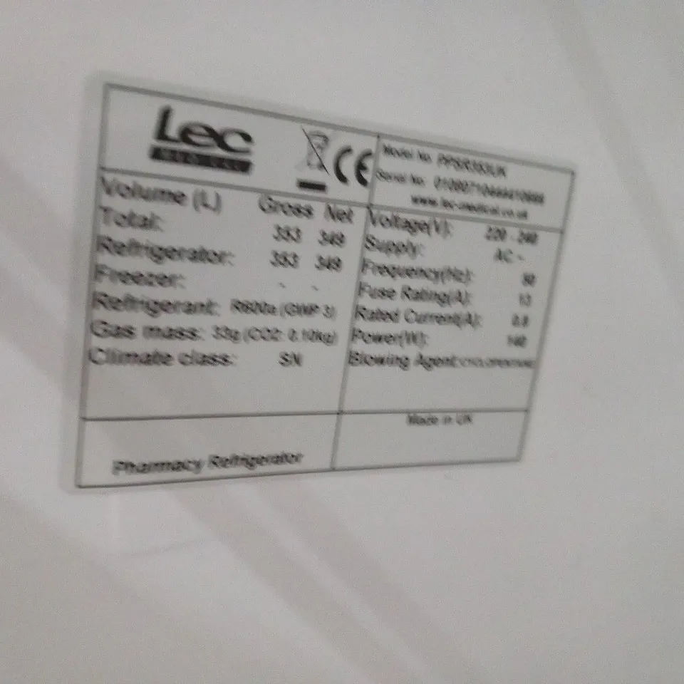 LEC PPSR353UK FREESTANDING PHARMACY CONTROL PLUS FRIDGE - SOLID DOOR 353 LITRES
