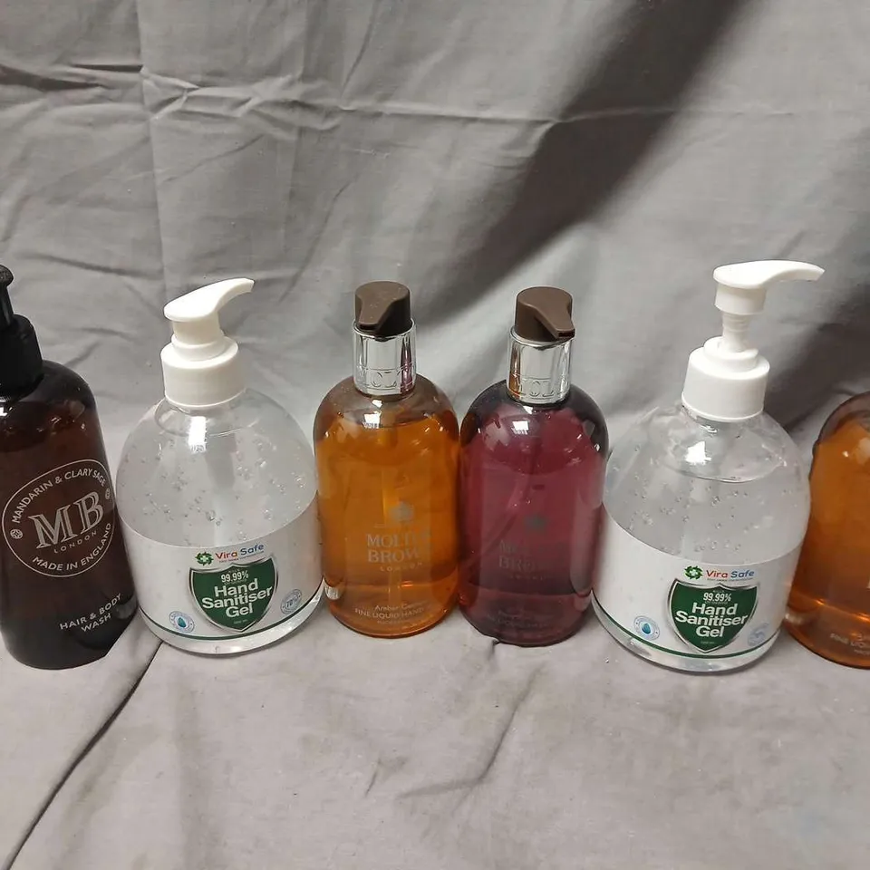 APPROXIMATELY 12 ASSORTED COSMETICS ITEMS TO INCLUDE HAND SANITISER, MB HAIR & BODY WASH, MOLTON BROWN HAND WASH, ETC