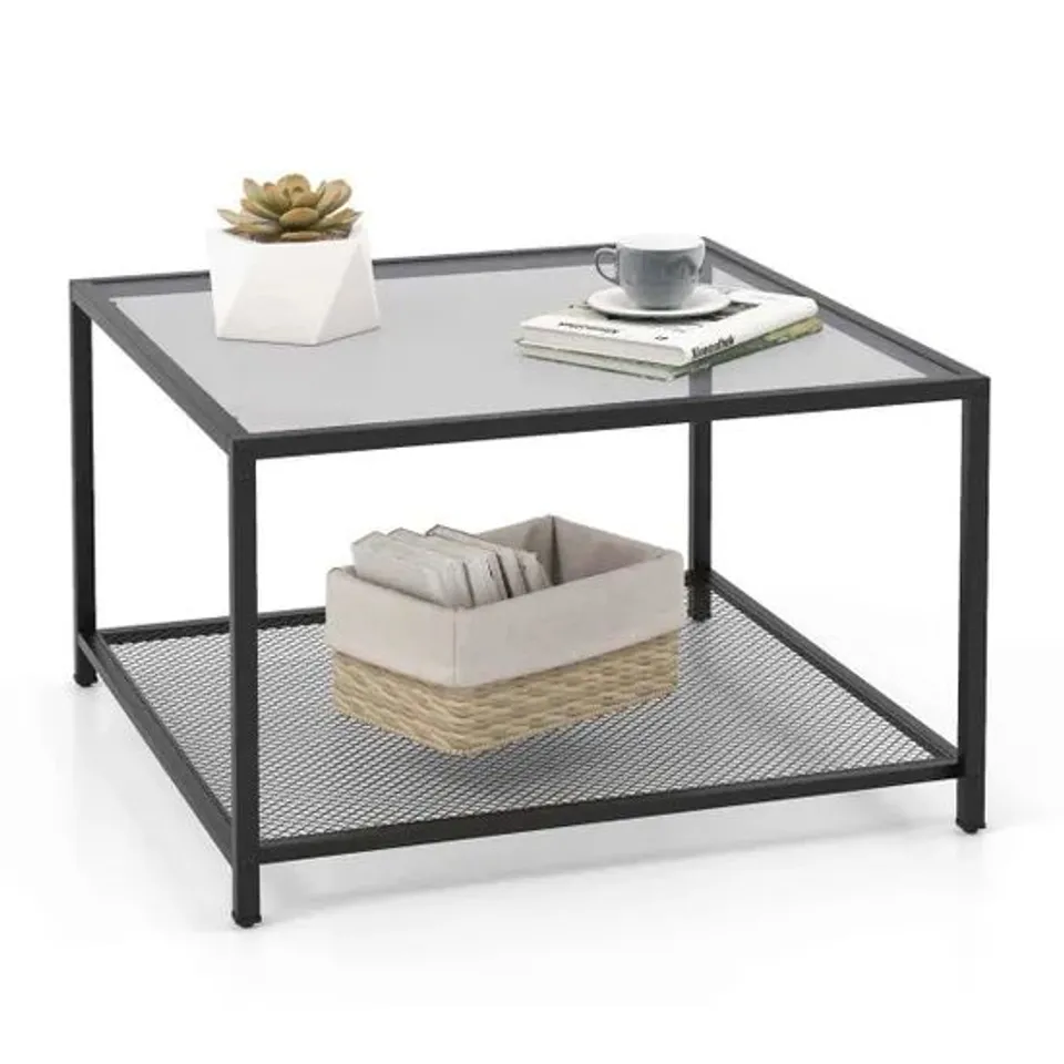 BOXED COSTWAY COSTWAY 2 TIER SQUARE GLASS COFFEE TABLE - GREY (1 BOX)
