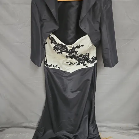 TIFFANYS STRAPLESS SHAWL PROM DRESS IN BLACK/OFF WHITE SIZE 18