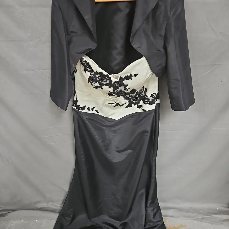 TIFFANYS STRAPLESS SHAWL PROM DRESS IN BLACK/OFF WHITE SIZE 18