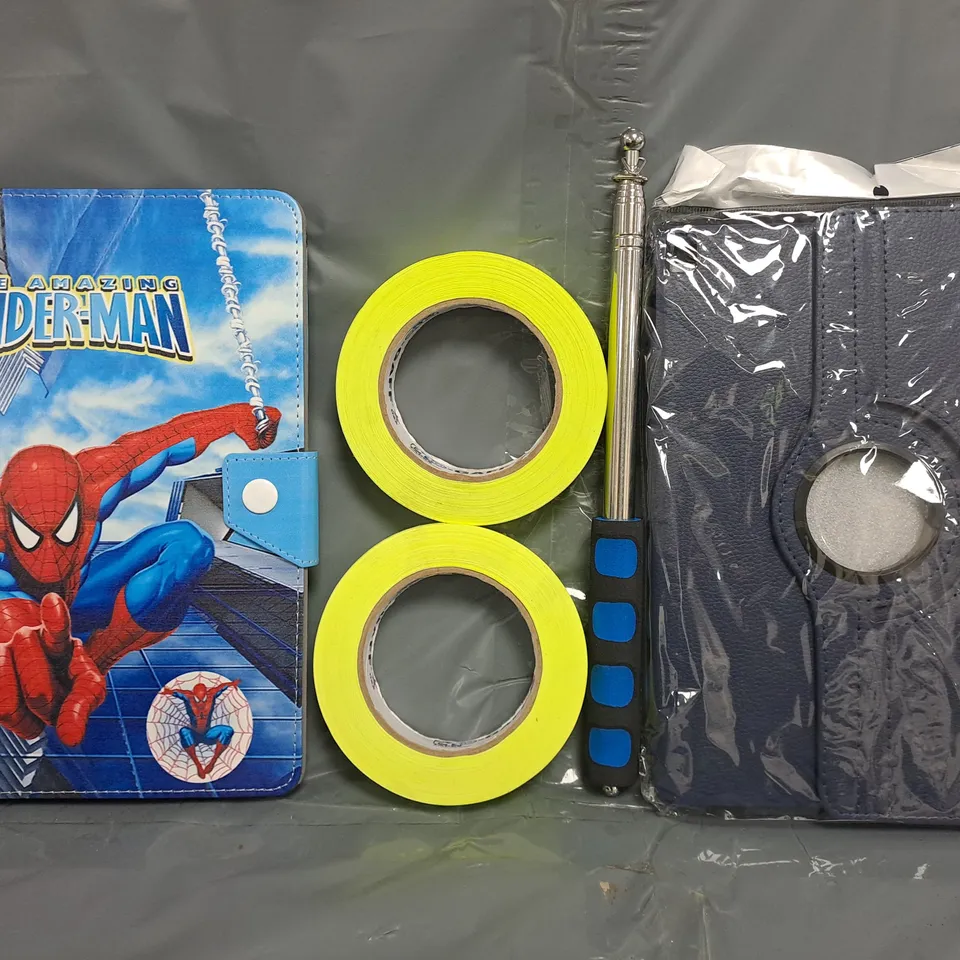 APPROXIMATELY 12 ASSORTED HOUSEHOLD ITEMS TO INCLUDE TAPE, TABLET CASE, ETC