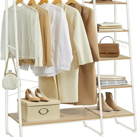 BOXED VASAGLE 5 TIER CLOTHES STORAGE RACK WITH SHOE SHELF - NATURAL OAK AND WHITE 