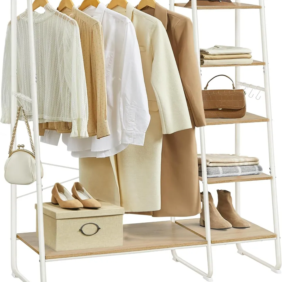 BOXED VASAGLE 5 TIER CLOTHES STORAGE RACK WITH SHOE SHELF - NATURAL OAK AND WHITE 