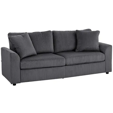 BOXED HOMCOM 3 SEATER SOFA, 212CM CORDUROY COUCH WITH SPRING CUSHION, WIDE AND DEEP SEAT, PLUSH BACKREST, 2 PILLOWS GREY (2 BOXES)