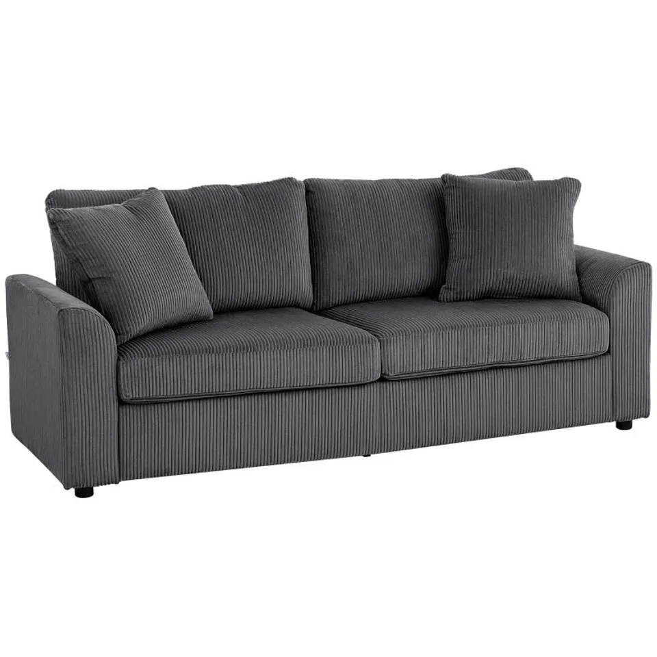 BOXED HOMCOM 3 SEATER SOFA, 212CM CORDUROY COUCH WITH SPRING CUSHION, WIDE AND DEEP SEAT, PLUSH BACKREST, 2 PILLOWS GREY (2 BOXES)